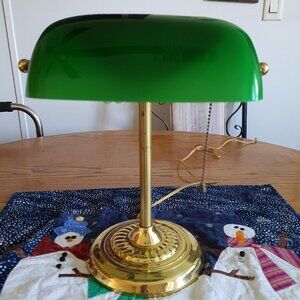 Vintage Bankers Desk Lamp Green Glass Shade Brass Stand
